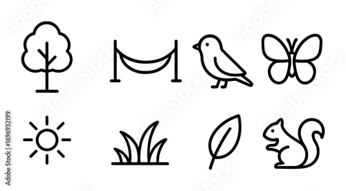 Forest Relaxation Icons. Outline icon set of forest relaxation: tall tree, hammock, bird, butterfly, sunlight,
