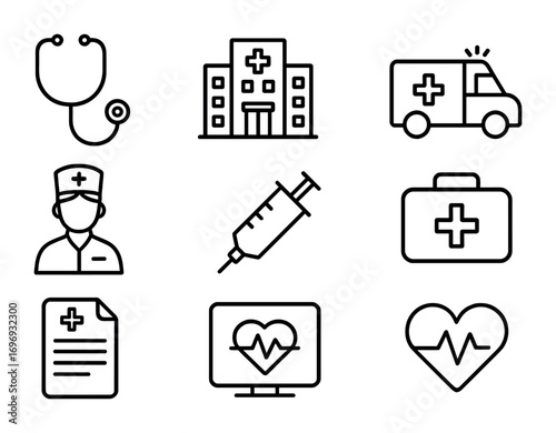 Public Health Icons. Outline icon set of public health services: stethoscope, hospital building, ambulance,