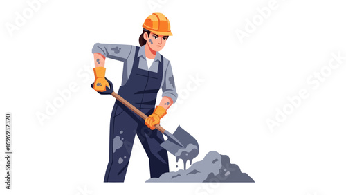 Builder at work: A skilled builder confidently utilizes a shovel to move cement, showcasing dedication to construction and the meticulous execution of building projects. 
