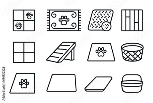 Pet-Friendly Flooring Icons. Outline icon set of pet-friendly flooring: carpet tile, washable rug, non-slip