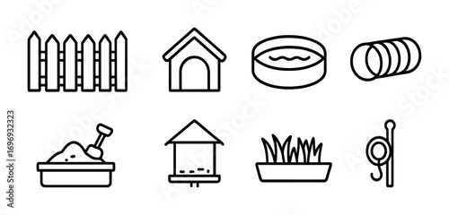 Pet-Friendly Icon Set. Outline icon set of outdoor pet-friendly areas: fenced yard, doghouse, pet pool,