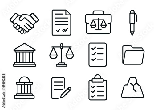 Mining Agreement Icons. Outline icon set of mining agreements: handshake, signed contract, lawyer briefcase,