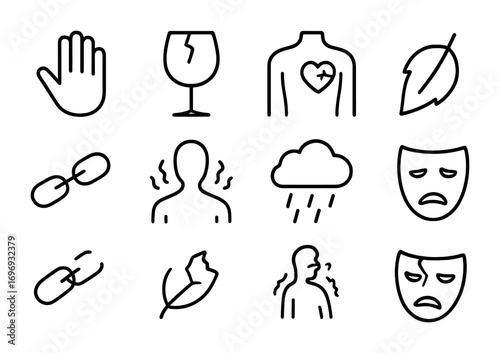 Emotional Vulnerability Icons. Outline icon set of emotional vulnerability: open hand, fragile glass, exposed
