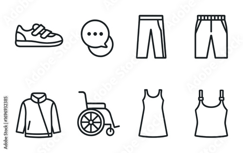 Adaptive Fashion Icons Set. Outline icon set of adaptive fashion: Velcro shoes, magnetic buttons, side-zip