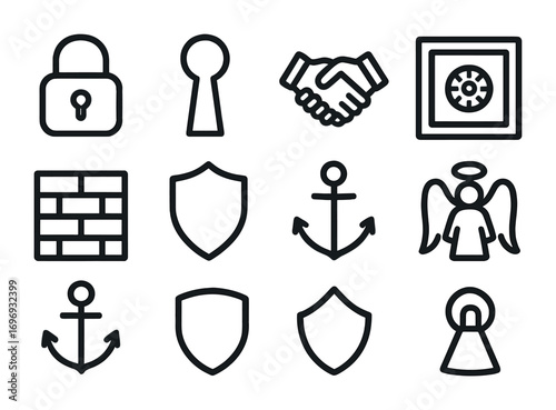 Trust and Security Icons. Outline icon set of trust and security: lock, keyhole, handshake, safe box, strong