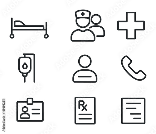Hospital Icon Set. Outline icon set of hospital emergency info card: hospital bed, medical staff, cross symbol