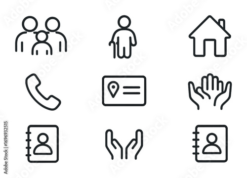 Family Safety Icons. Outline icon set of family emergency details: family group, child icon, elderly person,