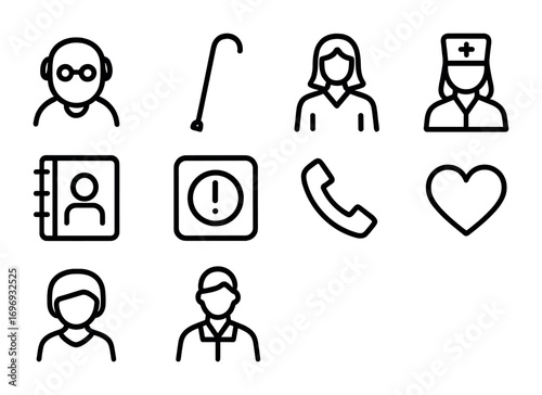 Elderly Care Icons. Outline icon set of elderly care contacts: elderly person icon, walking cane, caregiver,