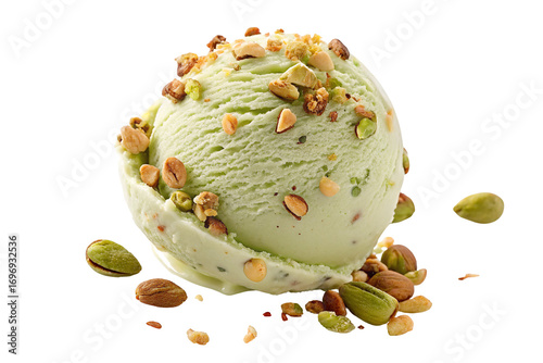 Delicious pistachio ice cream scoop topped with crunchy nuts emphasizing dessert perfection