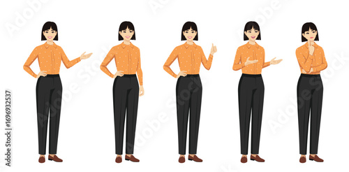Business young woman with shirt hairstyle standing in half-turn pose with various gestures. Isolated vector illustrations set.