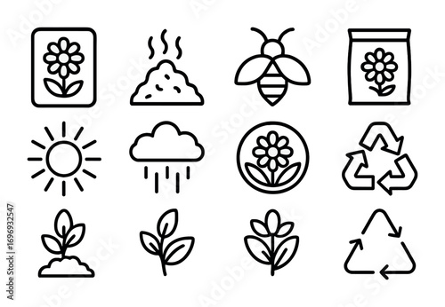 Organic Farming Icons. Outline icon set of organic flower farming: organic label, compost pile, insect icon,