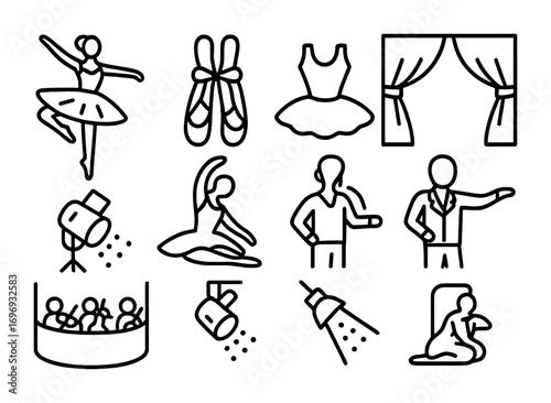 Ballet Icon Set. Outline icon set of ballet performances: ballerina pose, ballet slippers, tutu, stage curtain