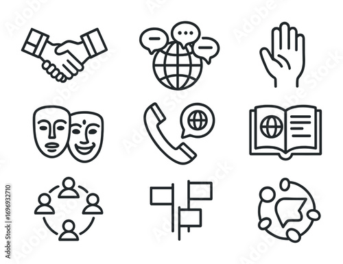 Multicultural Communication Icons. Outline icon set of multicultural communication: handshake with flags,