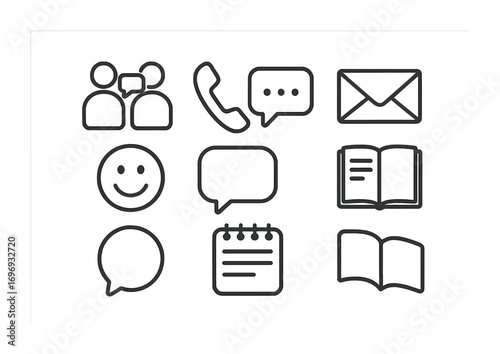Communication Icon Set. Outline icon set of everyday communication: chatting people, phone call, text message