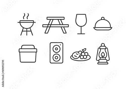 Outdoor Entertainment Icons. Outline icon set of outdoor entertaining: barbecue grill, picnic table, wine