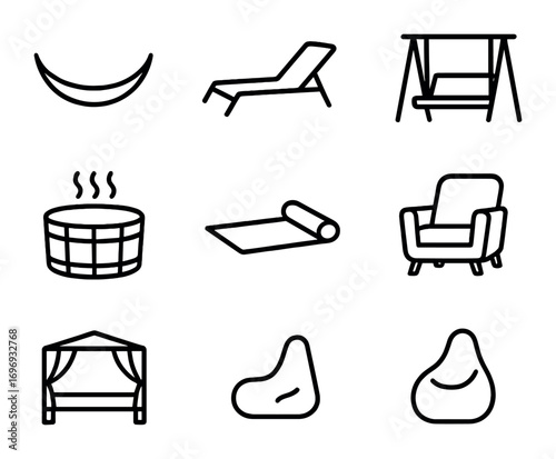 Relaxation Icons Collection. Outline icon set of relaxation spaces: hammock, sun lounger, garden swing, hot