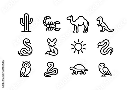 Desert Biodiversity Icons. Outline icon set of desert biodiversity: cactus, scorpion, camel, lizard, snake,