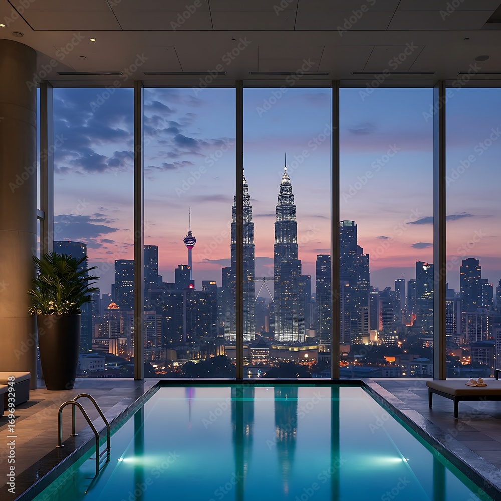 Naklejka premium An indoor swimming pool overlooking the city skyline at dusk. The most prominent feature is the Petronas Towers in Kuala Lumpur, Malaysia.