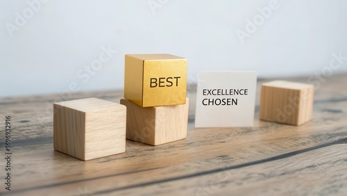 Golden Block with Best Sign Next to Excellence and Chosen Words