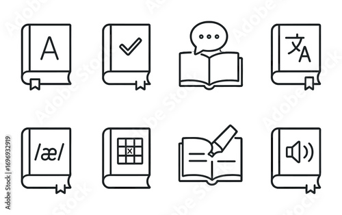 Language Learning Icons. Outline icon set of Language interactive textbooks: dictionary, grammar checker,