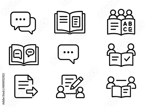 Educational Tools Icons. Outline icon set of Interactive textbook collaboration tools: chat, shared notes,