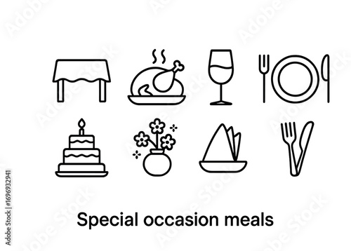 Special Occasion Icon Set. Outline icon set of Special occasion meals: dining table, roasted turkey, wine