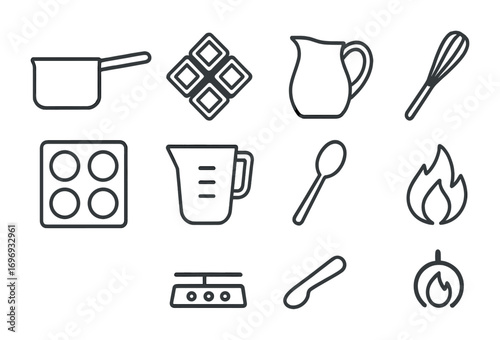 Hot Chocolate Icon Set. Outline icon set of Hot chocolate preparation: saucepan, chocolate pieces, milk jug,