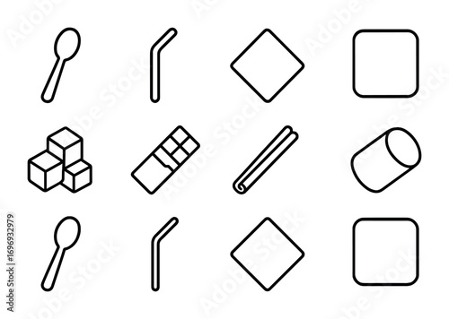 Hot Chocolate Essentials. Outline icon set of Hot chocolate accessories: spoon, straw, napkin, coaster, sugar