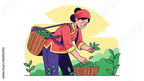 Tea Picker's Harvest: A woman, steeped in tradition, meticulously gathers vibrant tea leaves, her wicker basket brimming with the fresh bounty, symbolizing the art of tea harvesting.
