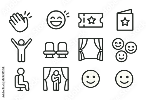 Audience Engagement Icons. Outline icon set of Audience engagement: clapping hands, laughter, ticket, program,
