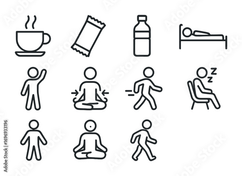 Energy Management Icons. Outline icon set of Energy management: coffee cup, snack, water bottle, rest,
