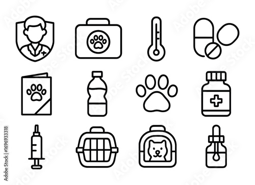 Pet Travel Essentials Icons. Outline icon set of Pet health while traveling: vet, first aid kit, thermometer,