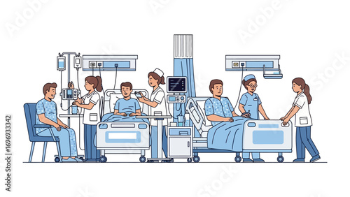 Hospital Care Scene: An illustration of hospital staff providing care to patients in beds. Capturing the essence of medical attention.