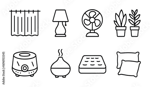 Sleep Environment Icons. Outline icon set of Sleep-friendly environment: blackout curtains, night lamp, fan,