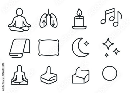 Mindfulness Sleep Icons. Outline icon set of Mindfulness for sleep: meditation pose, breath, candle, soft