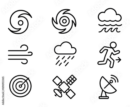 Hurricane Icon Set. Outline icon set of Hurricanes: cyclone, eye of storm, storm surge, wind, rain, evacuation
