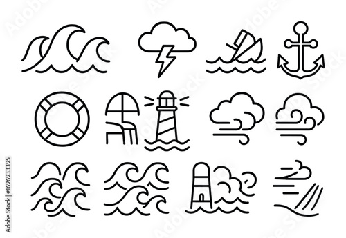 Stormy Seas Icons. Outline icon set of Stormy seas: high waves, storm cloud, lightning, sinking boat, anchor,