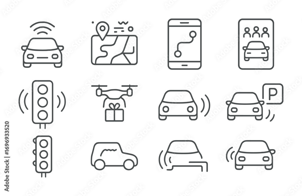 © Марина Коваль - AI Transportation Icons. Outline icon set of AI in transportation: self-driving car, traffic prediction, route © Марина Коваль - AI Transportation Icons. Outline icon set of AI in transportation: self-driving car, traffic prediction, route