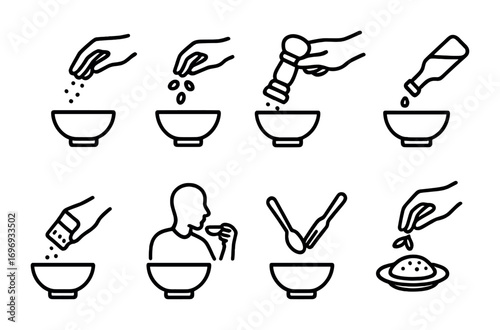 Food Seasoning Icons. Outline icon set of Food seasoning rituals: sprinkling salt, adding herbs, grinding