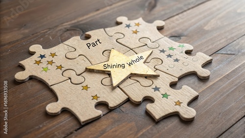 Golden Star Puzzle Piece Highlighting Shining Whole Concept