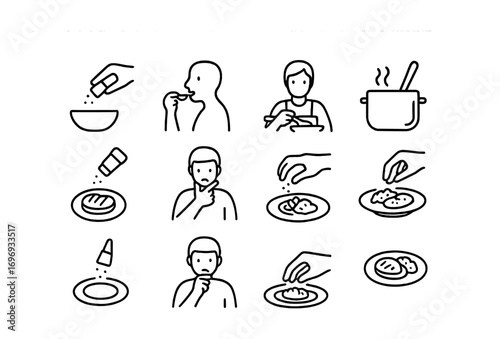 Cooking Icons Collection. Outline icon set of Cooking and seasoning moments: adding salt, tasting food, mixing