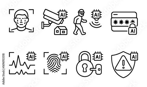 AI Security Icons. Outline icon set of AI in security: facial recognition, home surveillance, intrusion