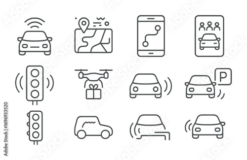 AI Transportation Icons. Outline icon set of AI in transportation: self-driving car, traffic prediction, route