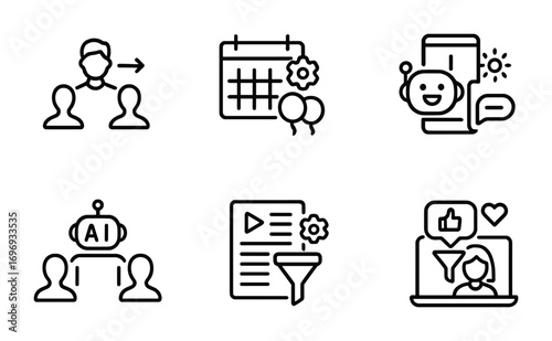 AI Social Life Icons. Outline icon set of AI in social life: friend suggestions, event planner, chat companion