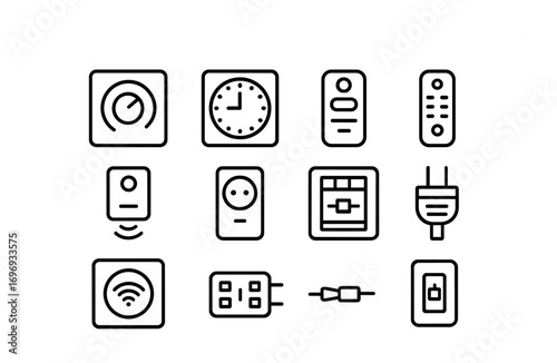 Lighting Controls Icons. Outline icon set of Lighting control equipment: dimmer switch, timer, remote control,