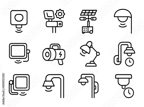Icon Set_ Site Lighting. Outline icon set of Innovative site lighting technology: smart sensor light,