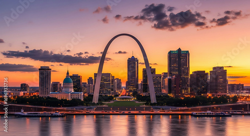 Majestic gateway arch and downtown skyline at golden hour reflections in the mississippi river