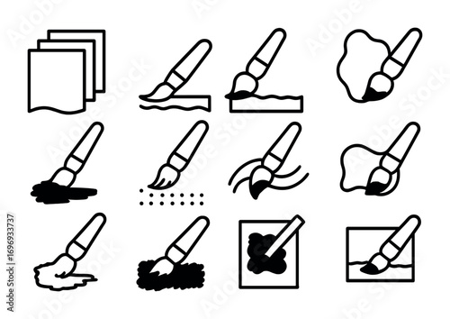 Gouache Technique Icons. xOutline icon set of Gouache techniques: layering, glazing, wet-on-wet, dry brush,