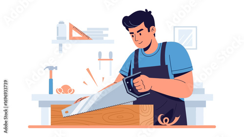 Crafting with Precision: An artisan meticulously saws through a wooden plank, highlighting the dedication and skill inherent in the craft of carpentry.
