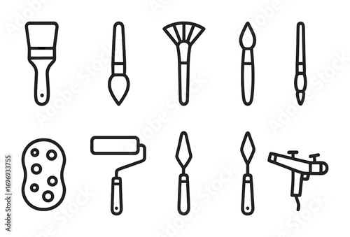 Paint Tools Icons. Outline icon set of Paint application tools: flat brush, round brush, fan brush, detail